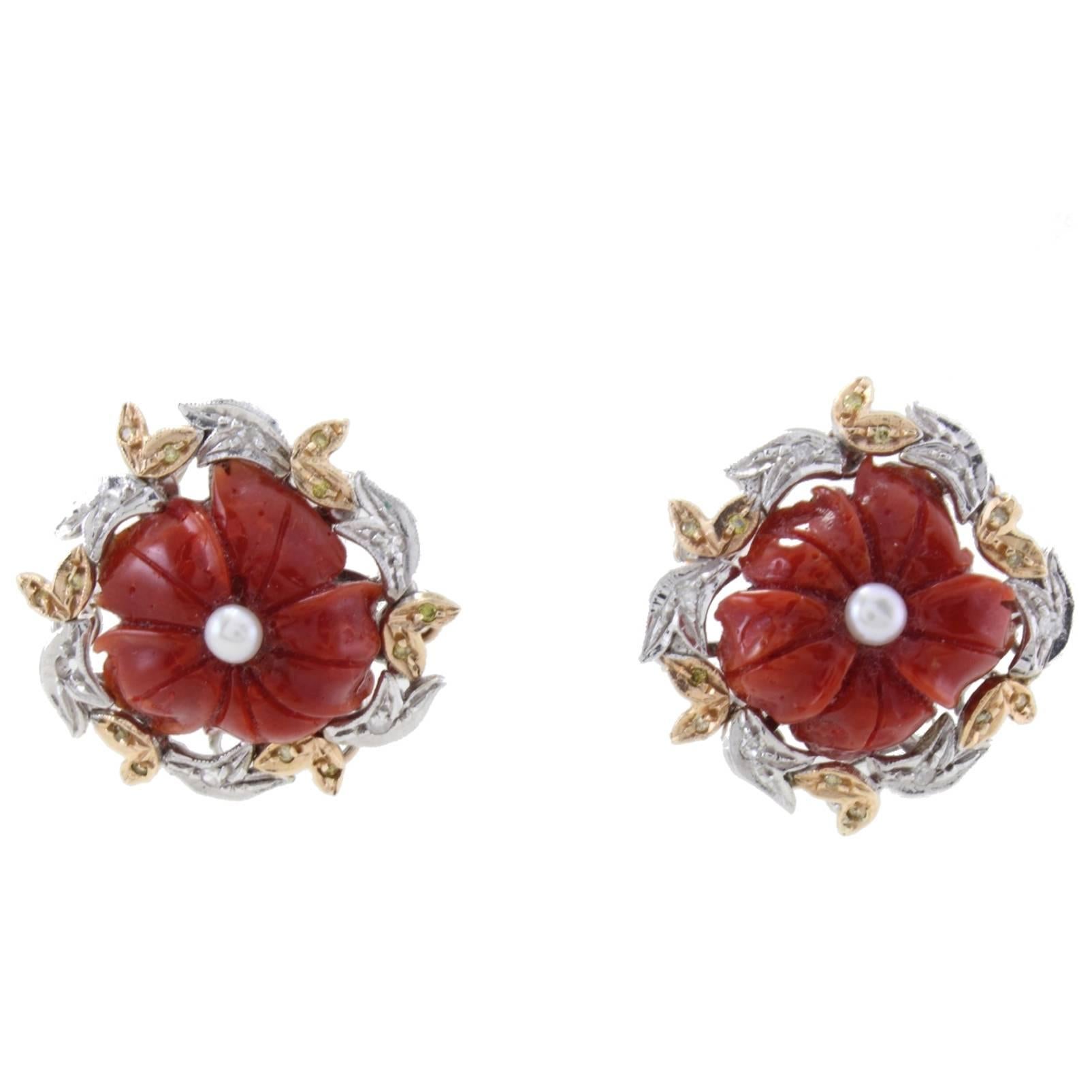  Diamonds Coral Pearls Clip-On  Gold Earrings