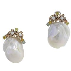 Luise Diamonds, Yellow Green Sapphires, South Sea Pearls Clip-On Earrings