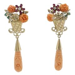 Luise Diamonds Emeralds Rubies Tsavorite Coral Dangle Earrings 1