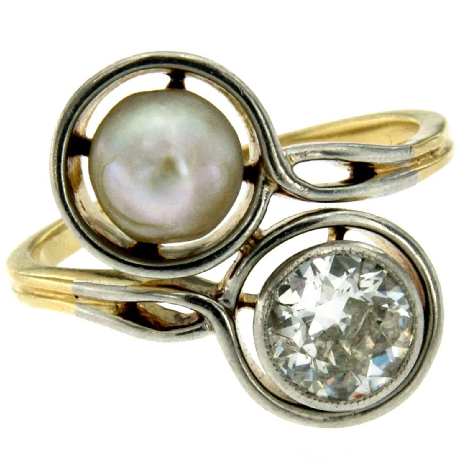 Antique Diamond Pearl Platinum Gold Vous et Moi Ring