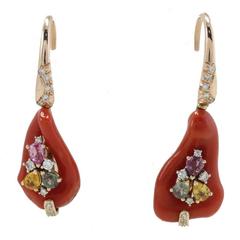Luise Diamonds Multicolor Sapphires Coral Gold Level Back Earrings 11