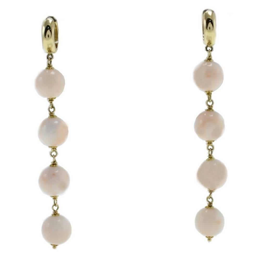 Pink Coral Spheres, 18K Yellow Gold Dangle/Drop Earrings For Sale