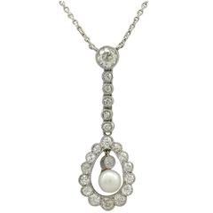 1910s 1.10 Carat Diamond Pearl and Platinum Necklace