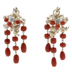  Diamonds Tsavorites Coral Gold Chandelier Earrings
