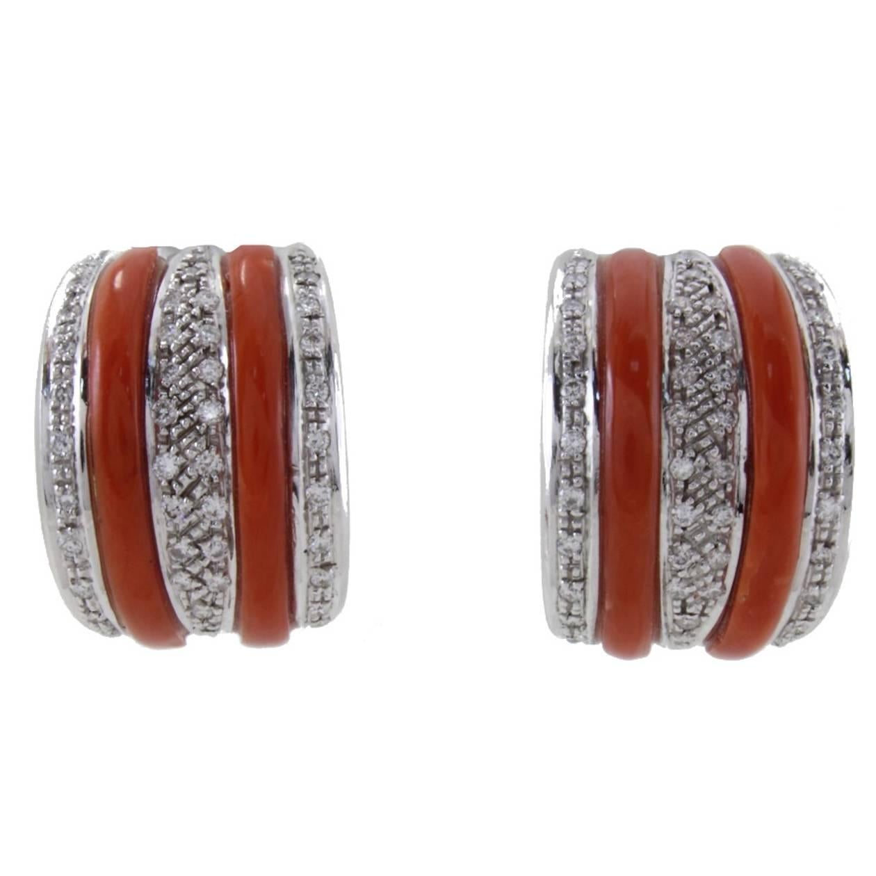 White Diamonds, Red Corals, 18 Karat White Gold Clip-on Earrings