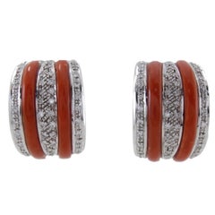 White Diamonds, Red Corals, 18 Karat White Gold Clip-on Earrings