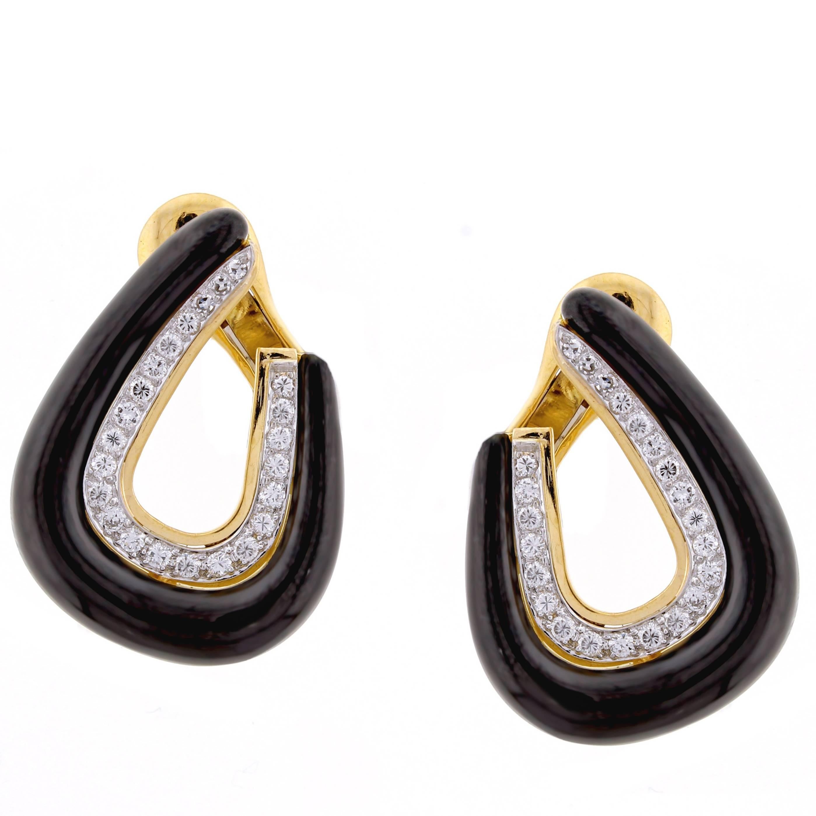 David Webb Black Enamel Diamond Gold Earrings