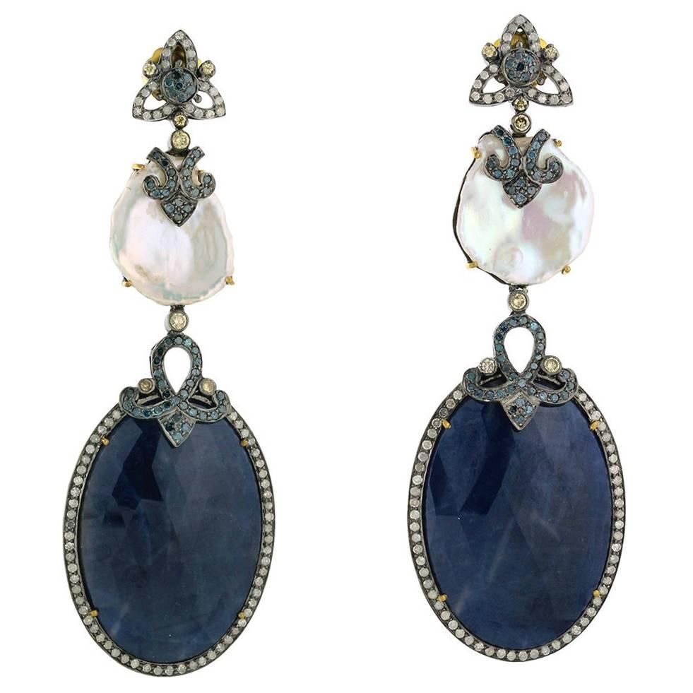 Sliced Blue Sapphire & Pearl Earring With Diamonds In 18k Yellow Gold For Sale