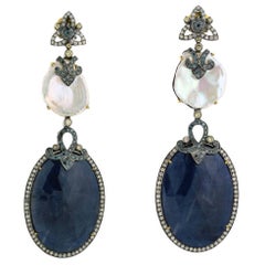 Sliced Blue Sapphire & Pearl Earring With Diamonds In 18k Yellow Gold