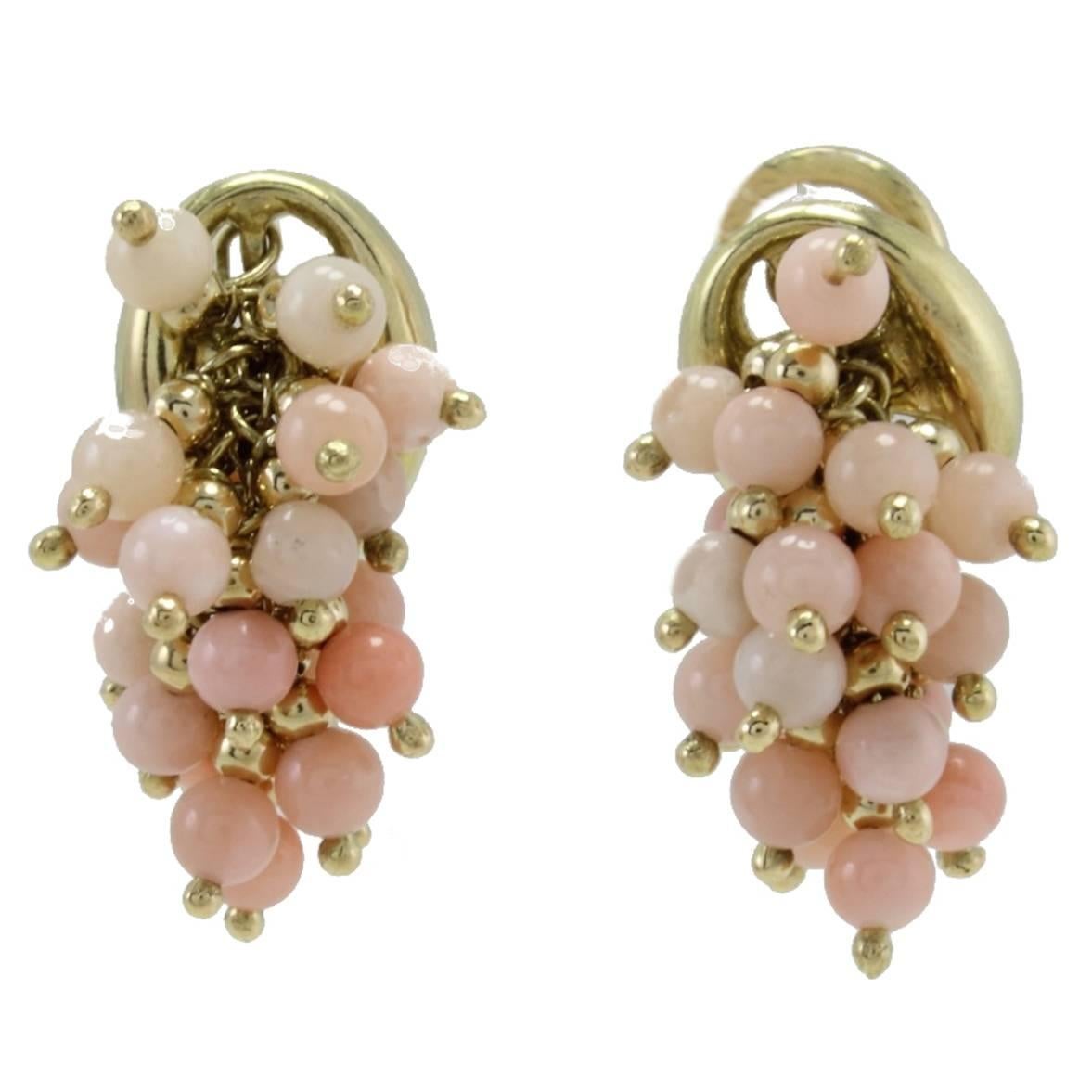 Pink Coral Little Spheres, 18K Yellow Gold  Retrò Earrings For Sale