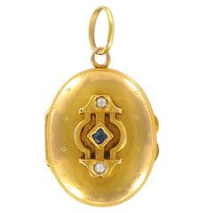 Antique 19th Century Sapphire and Natural Pearl Oval Gold Locket Pendant