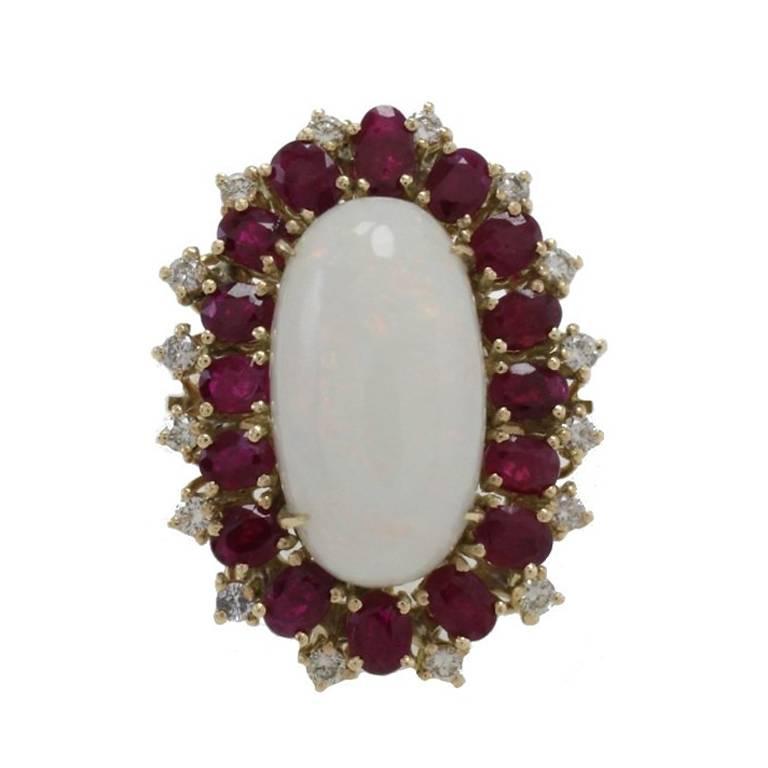  Diamonds Rubies Opal Gold Cluster Ring