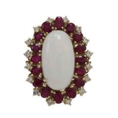 Retro  Diamonds Rubies Opal Gold Cluster Ring