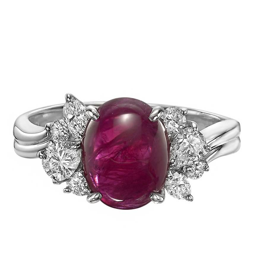 3.12 Carat Cabochon Ruby and Diamond Cluster Ring