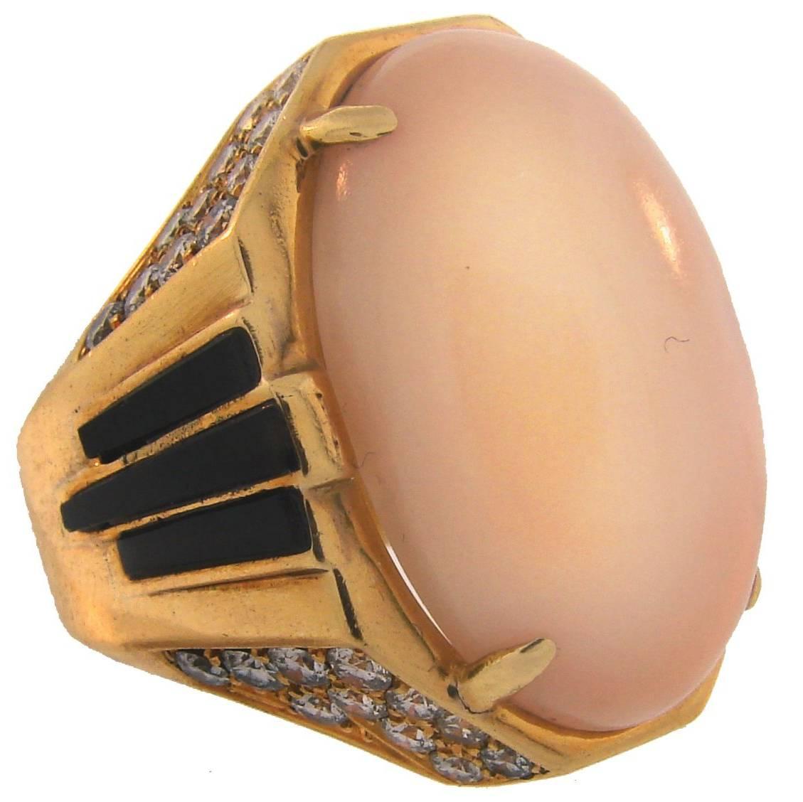 1970s Bulgari Coral Diamond Enamel Yellow Gold Ring