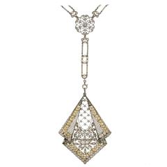 Antique Edwardian Seed Pearl Diamond Platinum Pendant Necklace