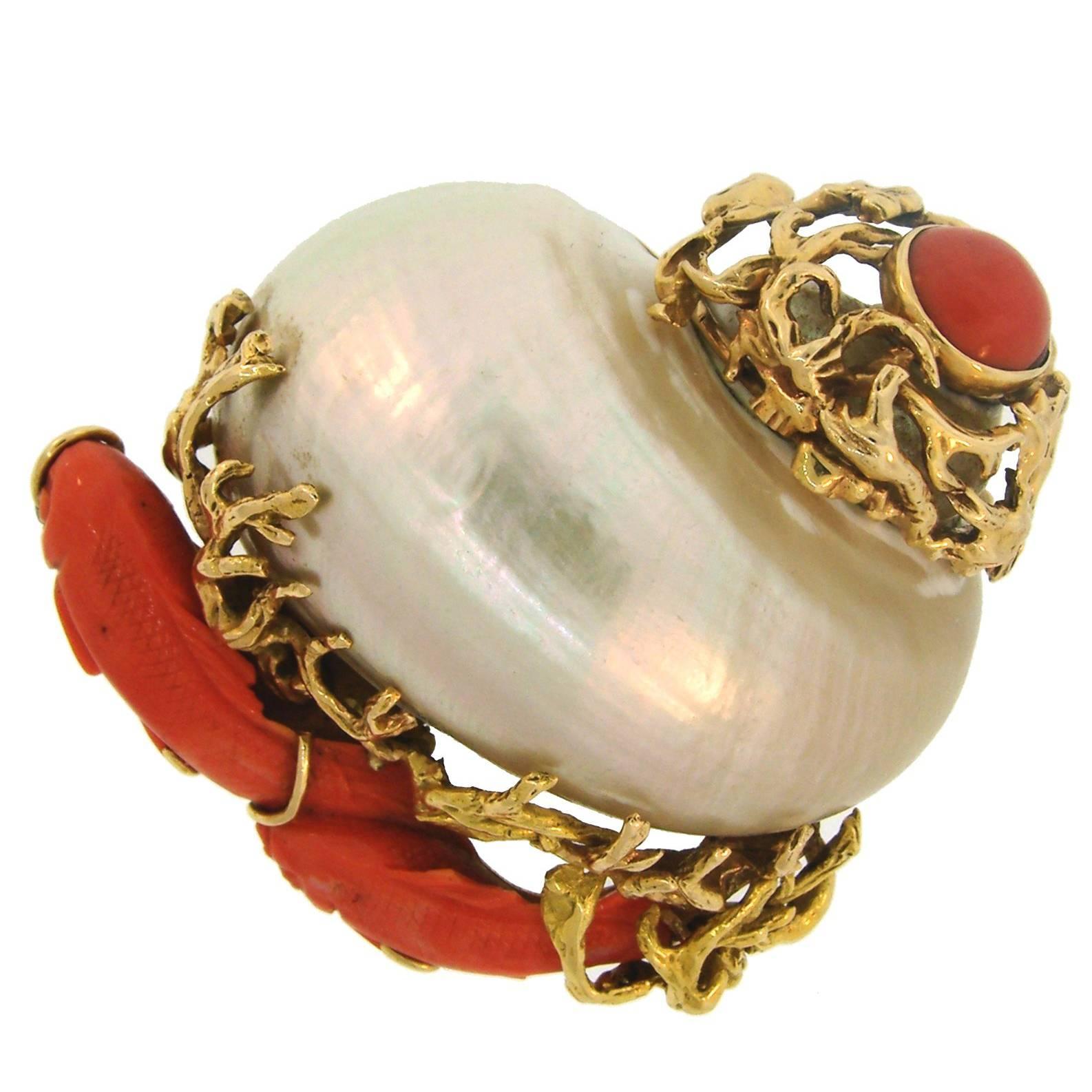 1950s Seaman Schepps Mother-of-Pearl Coral Yellow Gold Clip Brooch Pin