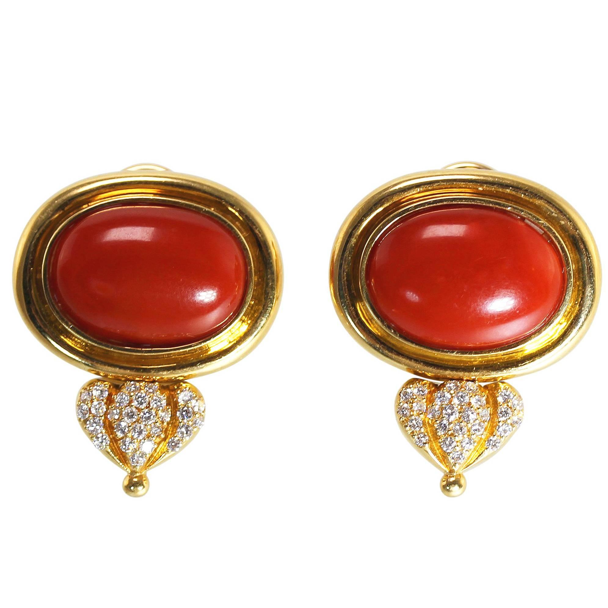 Coral Diamond and Gold Earclips For Sale