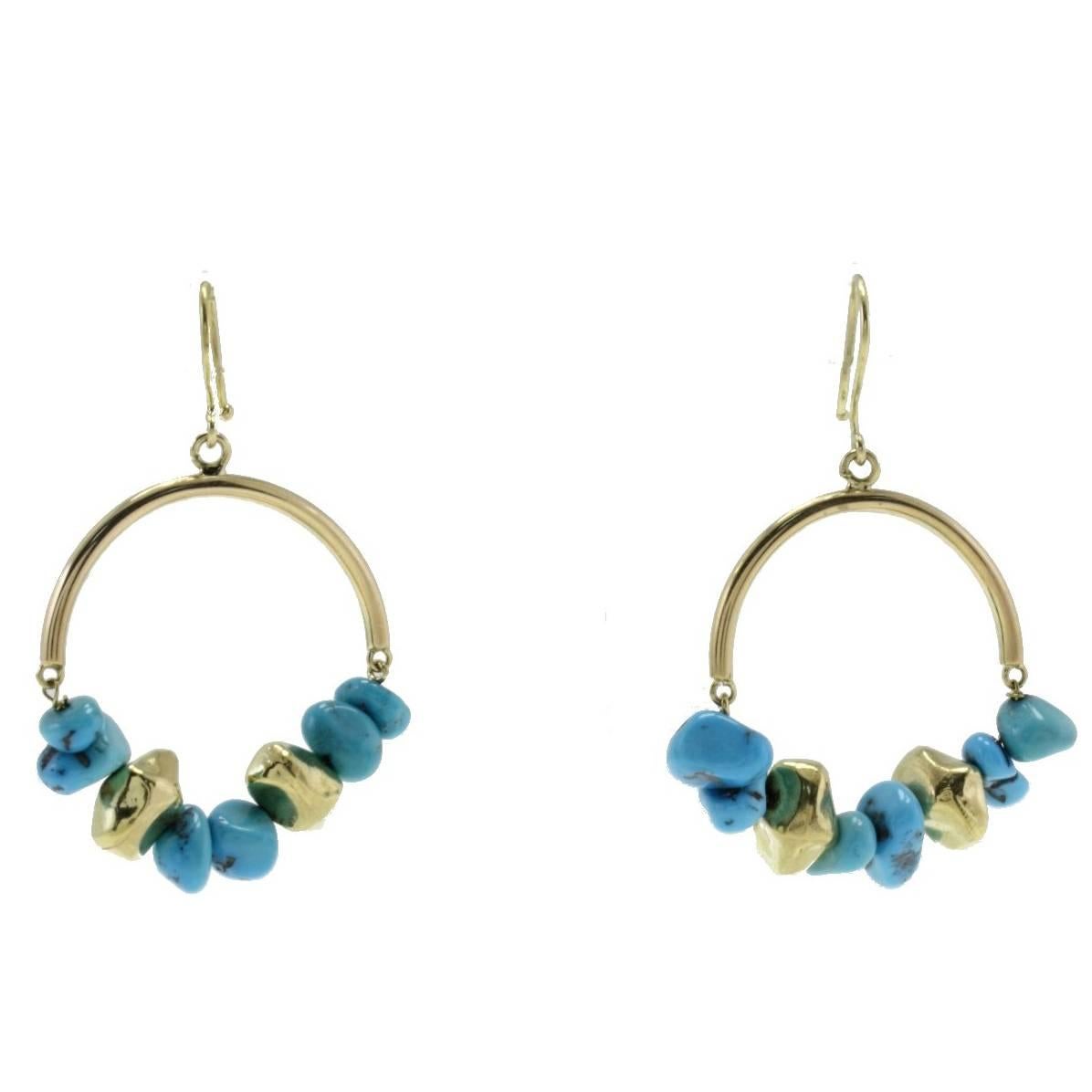  Turquoise Matrix Gold Hoop Gold Earrings For Sale