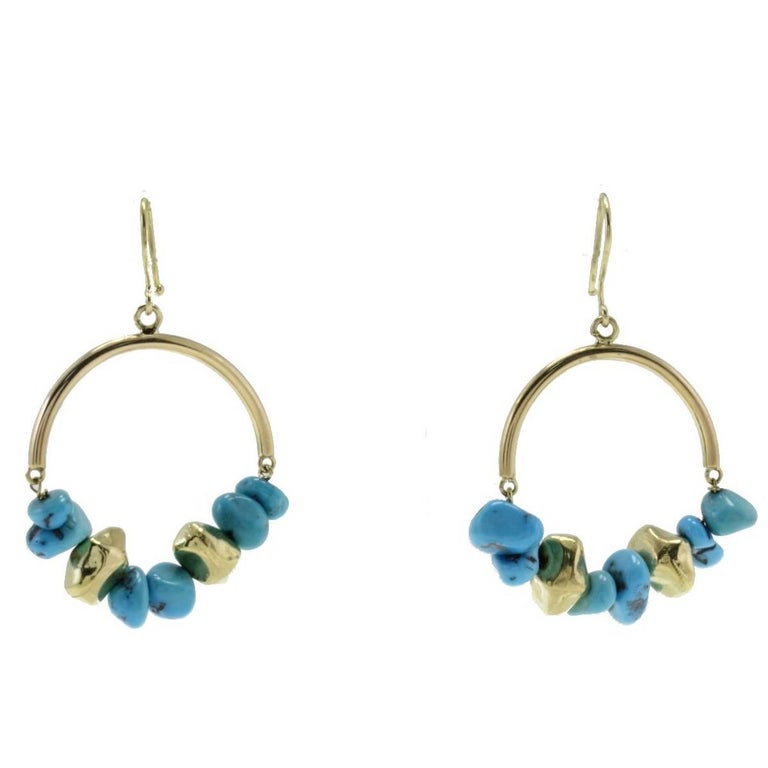 Turquoise Matrix Gold Hoop Gold Earrings For Sale at 1stDibs