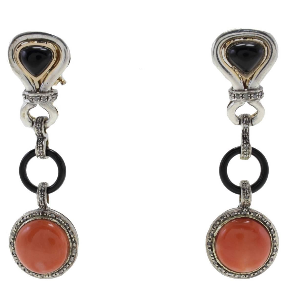 Diamonds, Onyx, Red Coral Buttons, 14 Kt Rose Gold and Silver Dangle Earrings