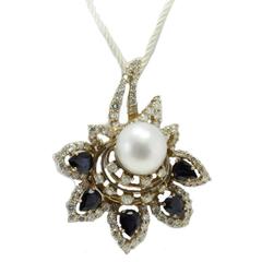 Luise White Diamonds Blue Sapphires South Sea Pearl Pendant Necklace 12