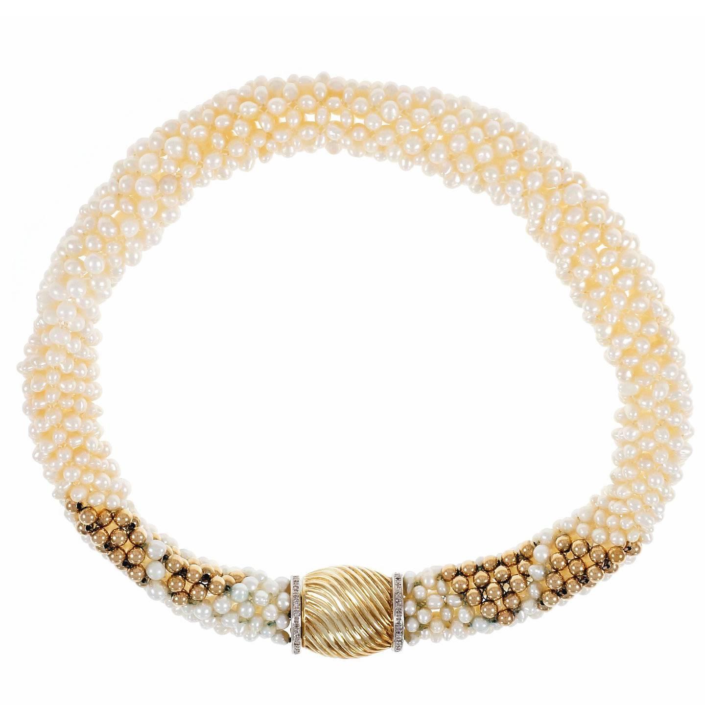 Freshwater Woven Pearl Diamond Gold Necklace For Sale