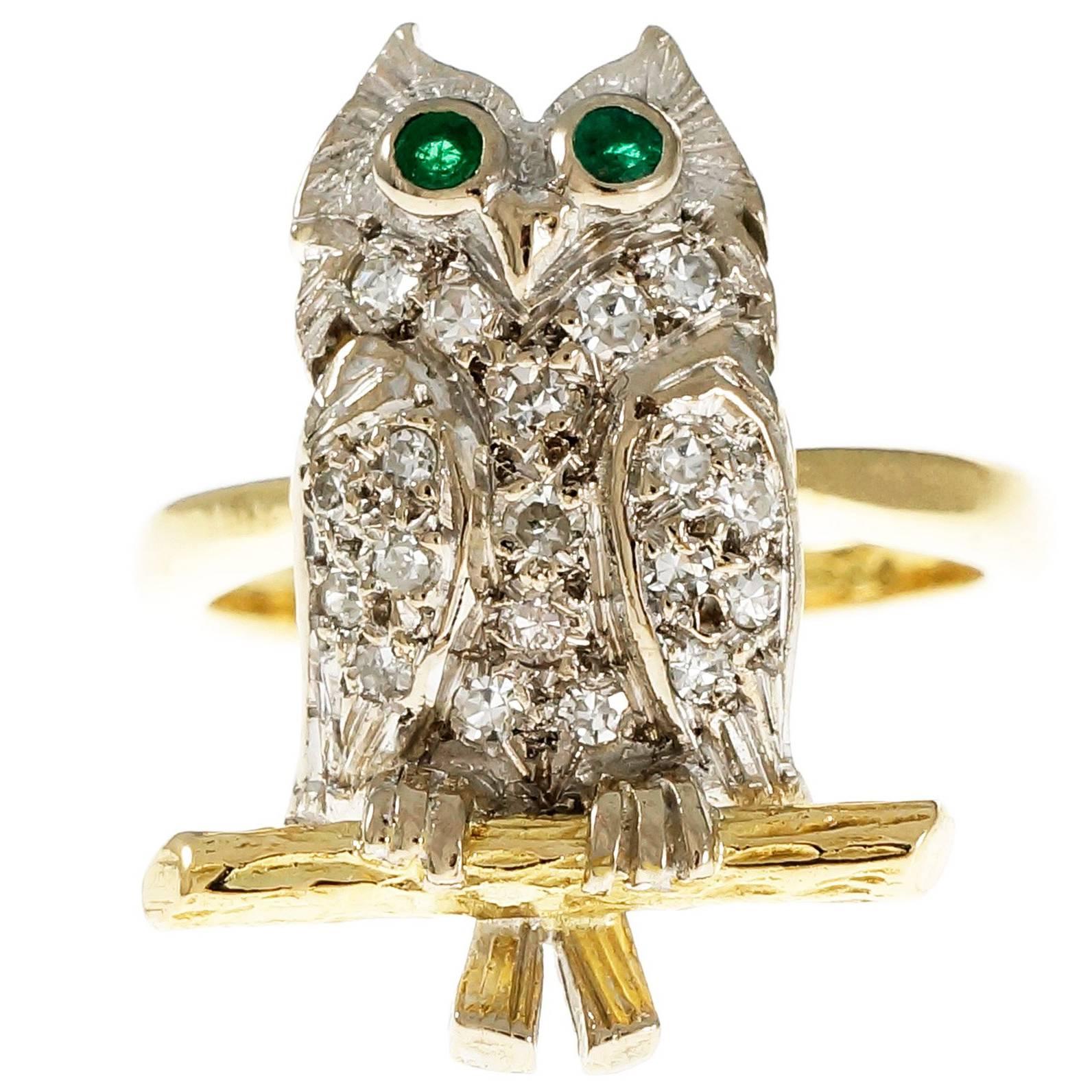 Diamond Pavé Emerald Gold Owl Cocktail Ring