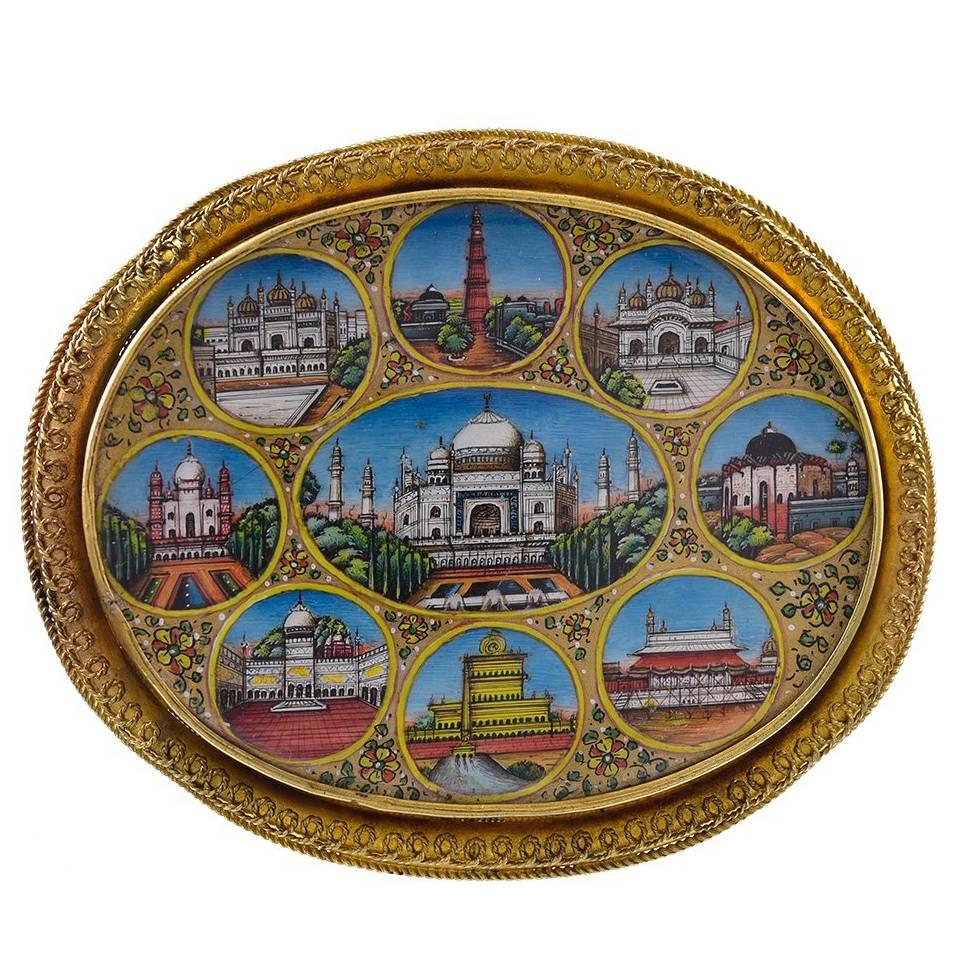 Antique Gold Indian Brooch with Hand-Painted Miniatures For Sale