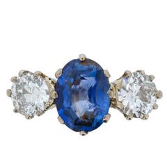Art Deco Three Stone Sapphire and Old Cut Diamond Ring, circa 1920s 2
