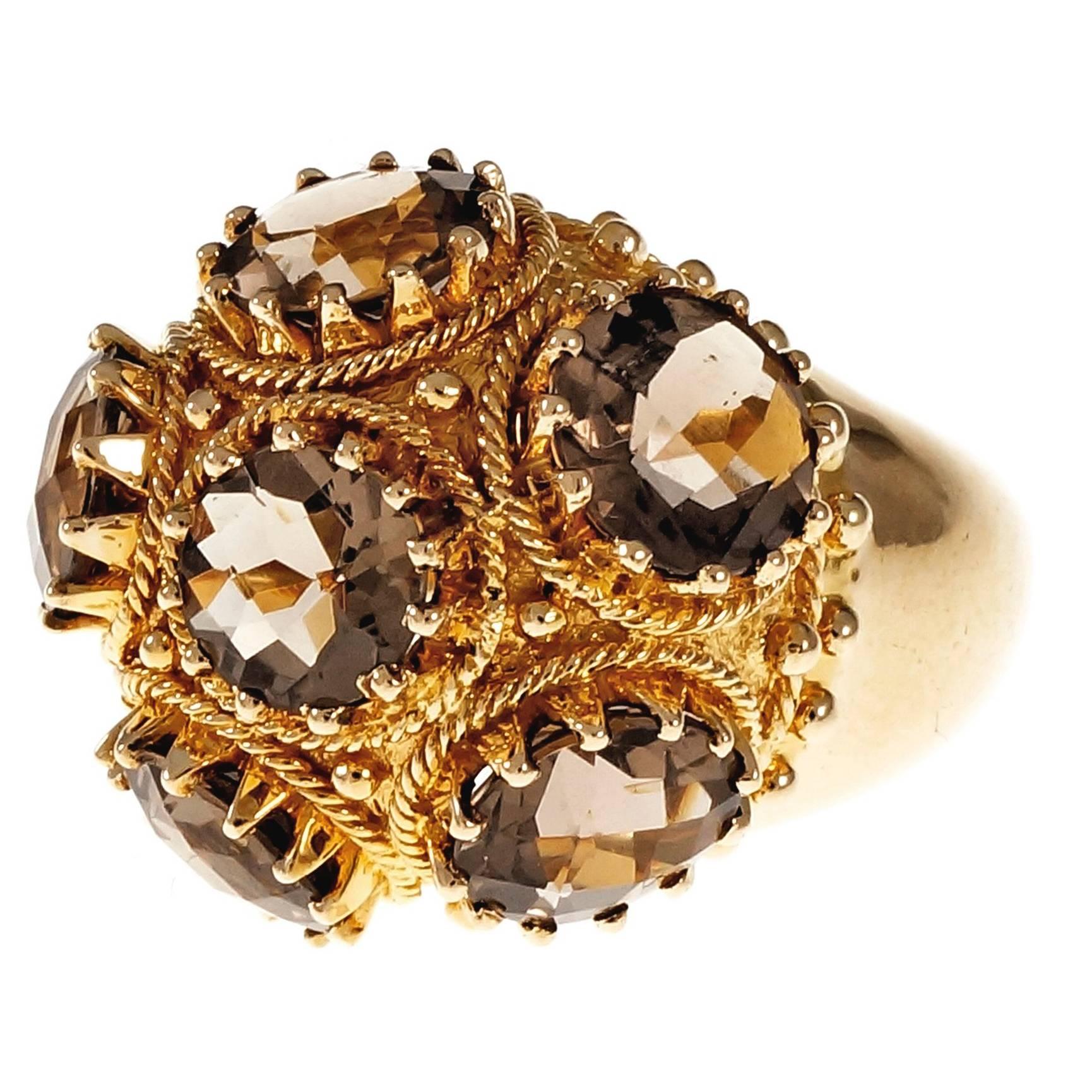 Smoky Quartz Domed Gold Cocktail Ring For Sale