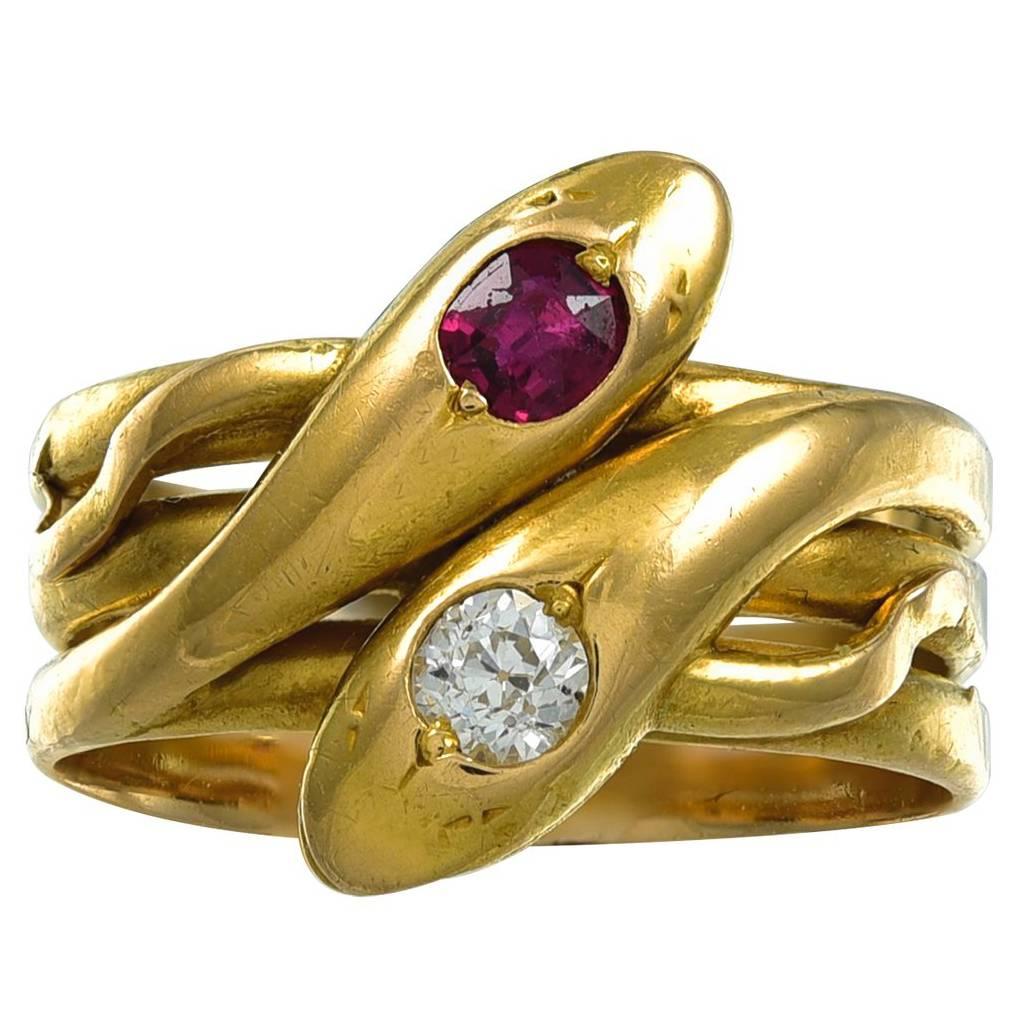 Antique Diamond and Ruby Double Headed Snake Ring