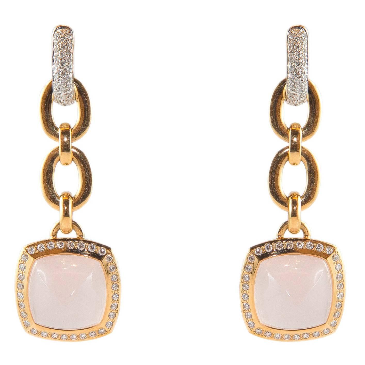 Pink Quartz Gold Art Nouveau Style Dangle Earrings For Sale