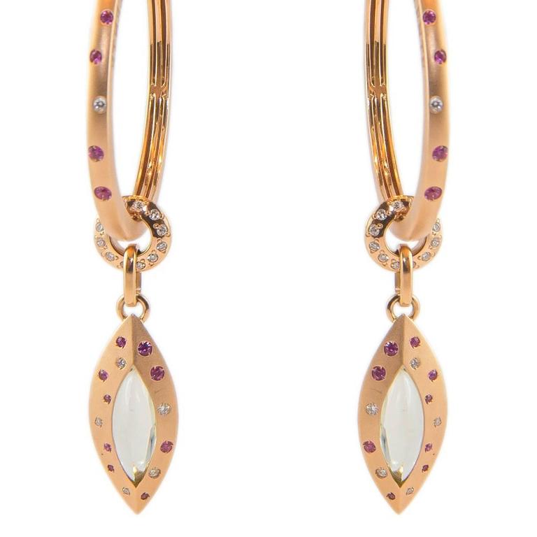 Pink Sapphire Quartz 18 Karat Rose Gold Diamond Hoop Drop Earrings For ...