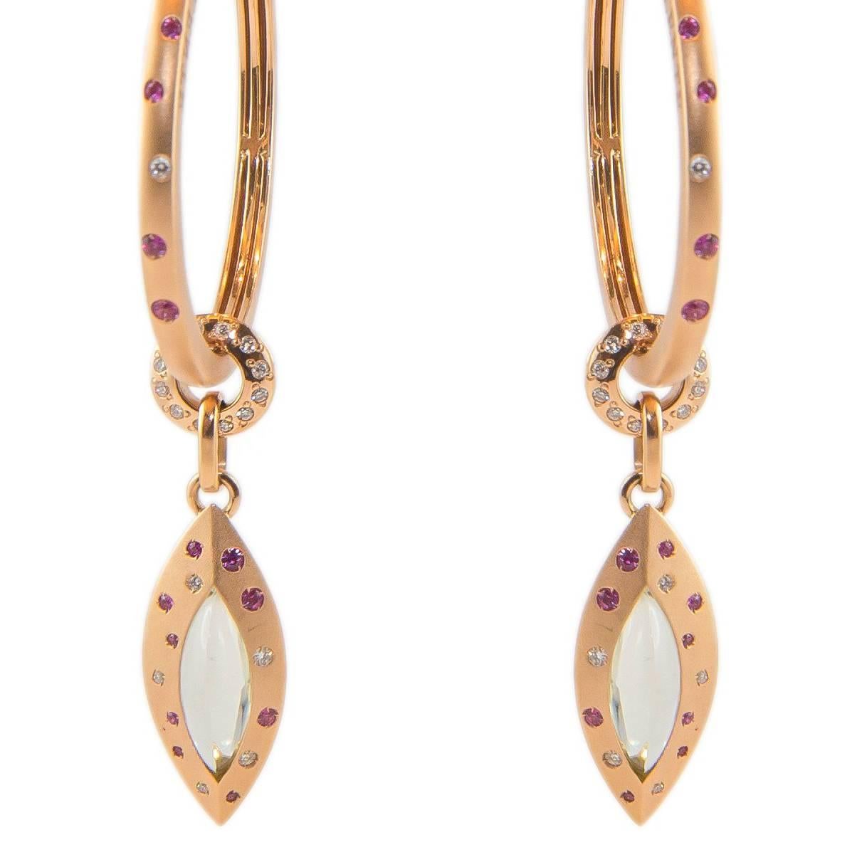 Pink Sapphire Quartz 18 Karat Rose Gold Diamond Hoop Drop Earrings For Sale