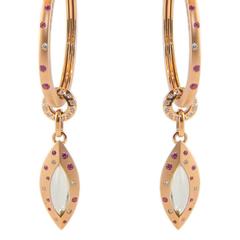 Pink Sapphire Quartz 18 Karat Rose Gold Diamond Hoop Drop Earrings