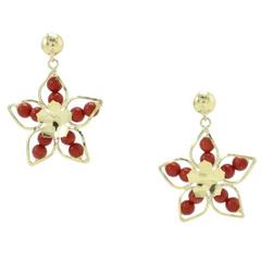 Red Ebony Spheres, Flower Shape 18K Yellow Gold Dangle Earrings