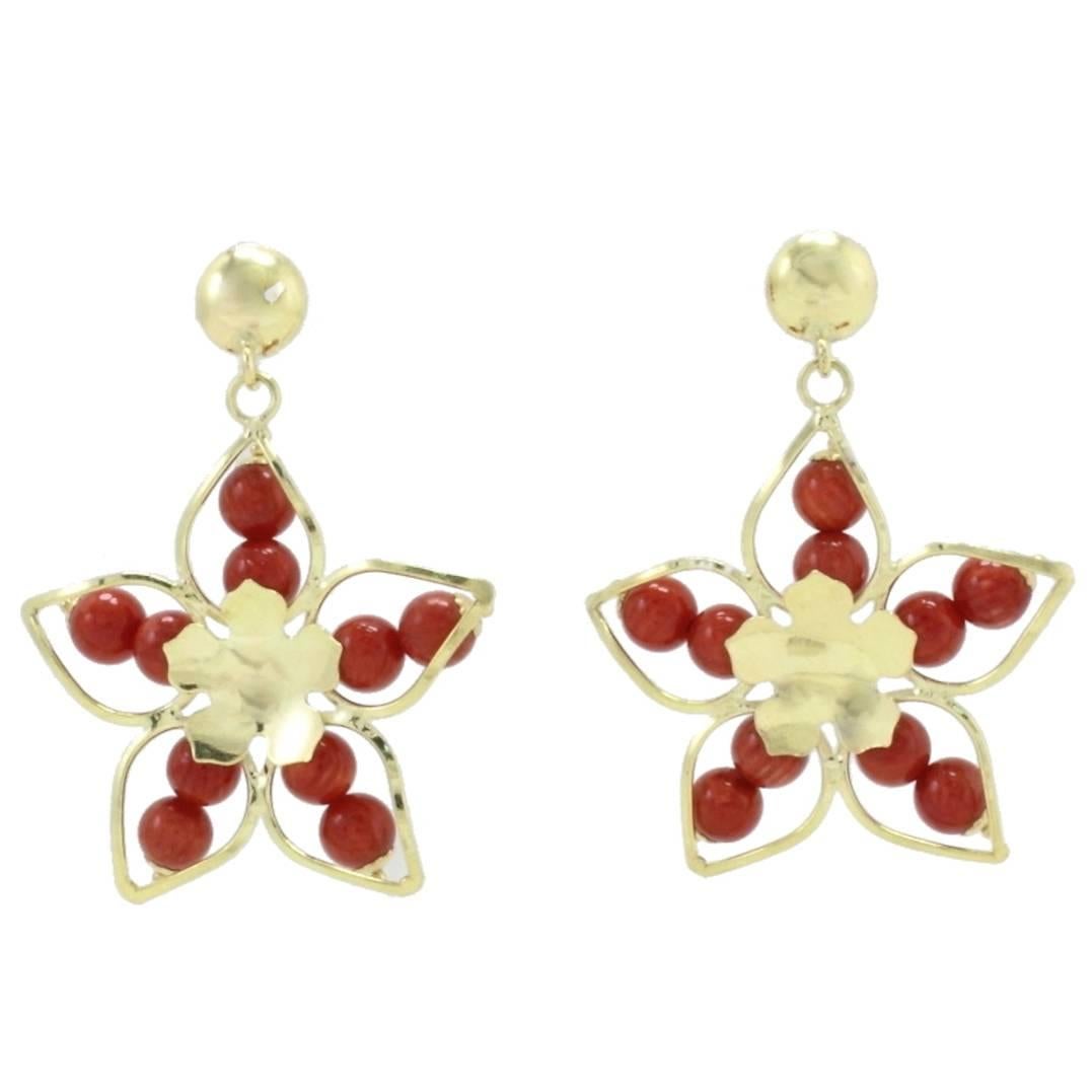Red Ebony Spheres, Flower Shape 18K Yellow Gold Dangle Earrings