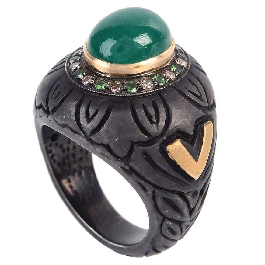 Cabochon Emerald Diamond Gold Ring For Sale
