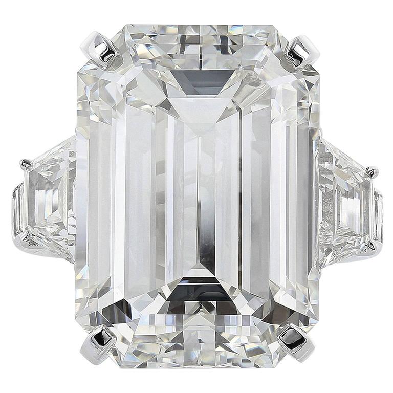 22.02 Carat Emerald Cut Diamond Platinum Three Stone Engagement Ring