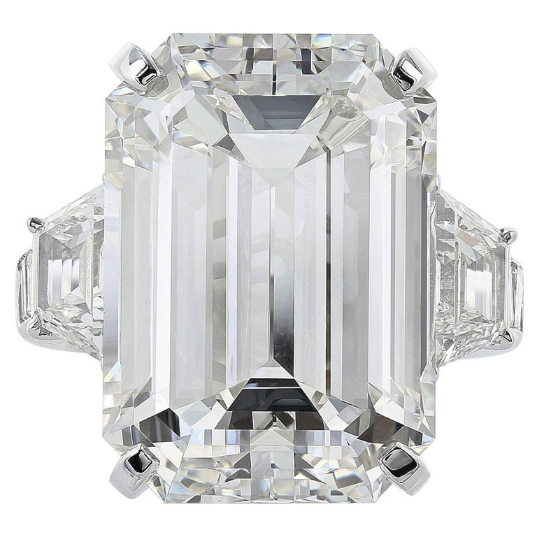 22.02 Carat Emerald Cut Diamond Platinum Three Stone Engagement  Ring For Sale