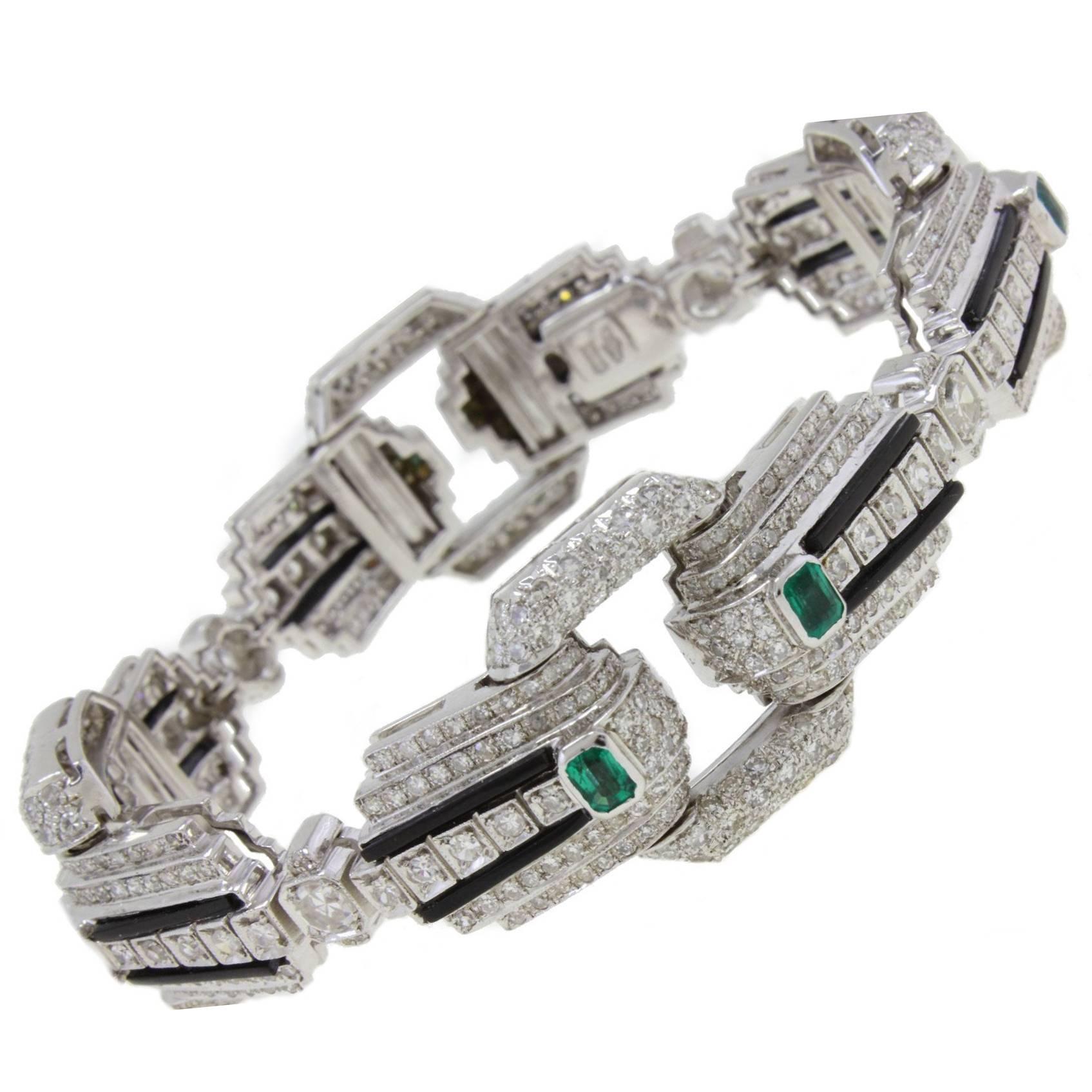 Diamond Onyx Emerald Link Gold Bracelet