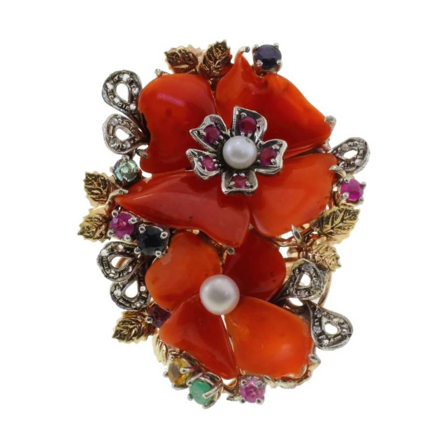  Coral Flower Multi Stones Pearl Gold and Silver  Ring