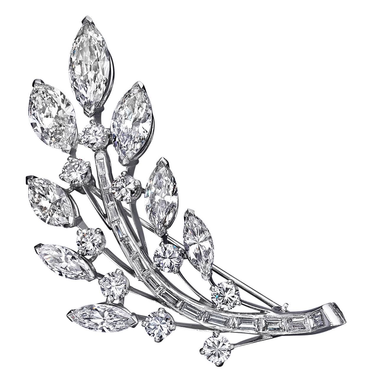 Diamond Platinum Leaf Brooch For Sale