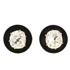 Victorian Onyx Cushion Mine Cut Diamond Stud Earrings 1.70 Carat