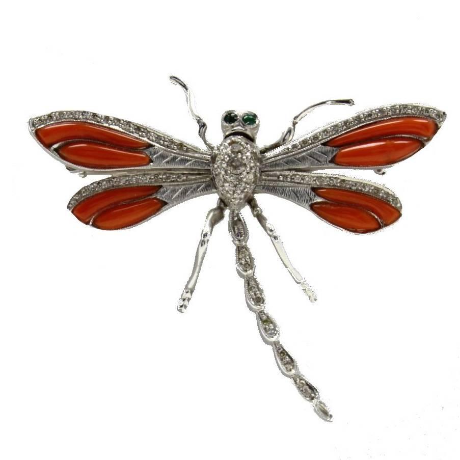  Coral Diamond Dragonfly Brooch Gold  Pendant