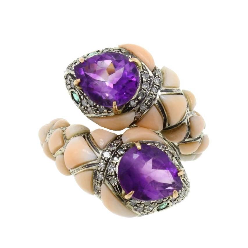 Amethyst Corals Diamond Emerald Snake Gold and Silver Ring For Sale
