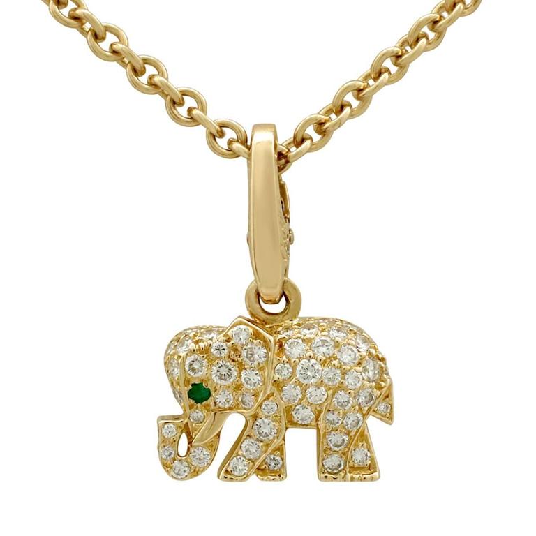 Emerald Yellow Gold Elephant Pendant 