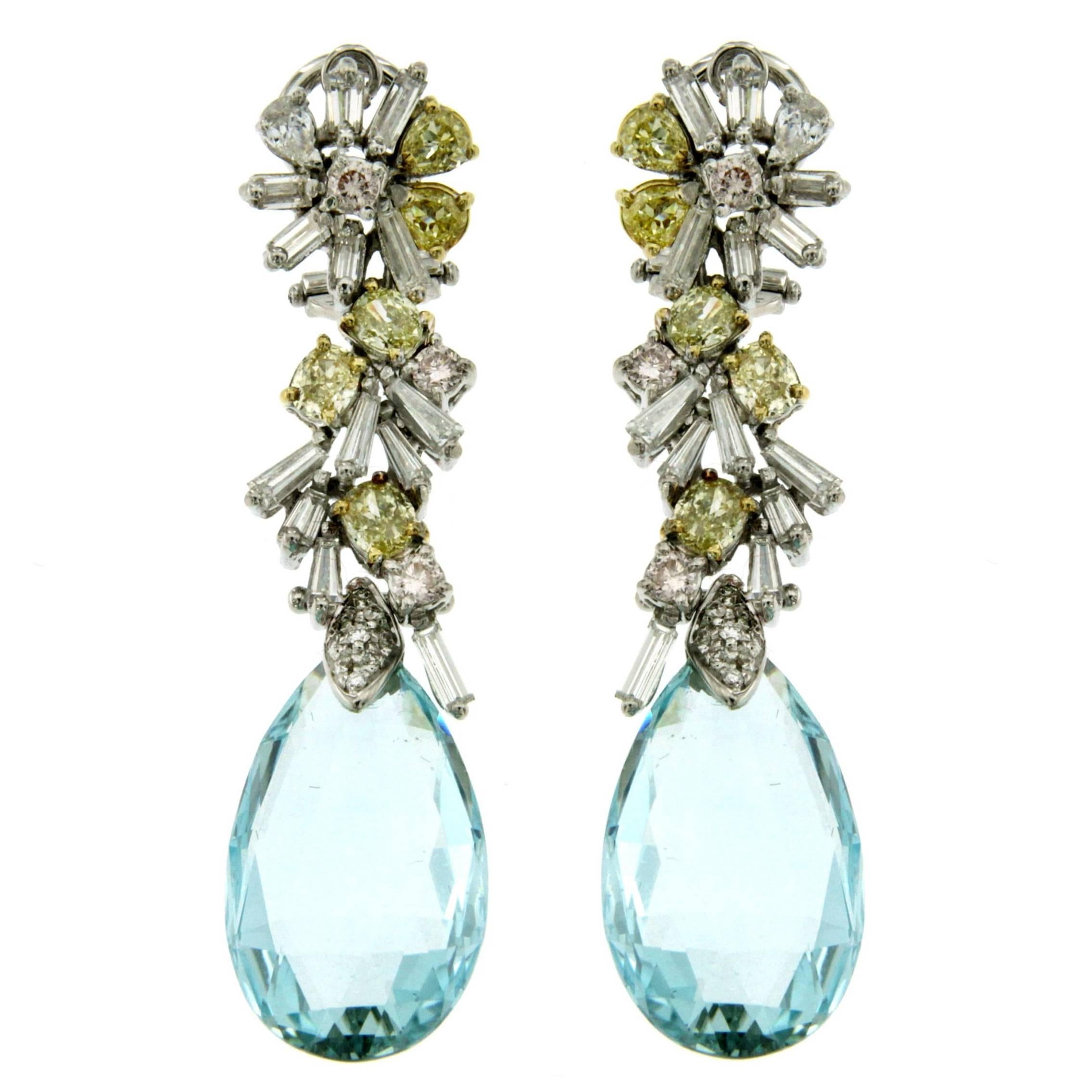 8 Carat Aquamarine Fancy Diamonds Gold Earrings