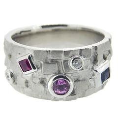 Contemporary Multistone Ruby Sapphire Diamond White Gold Ring 4